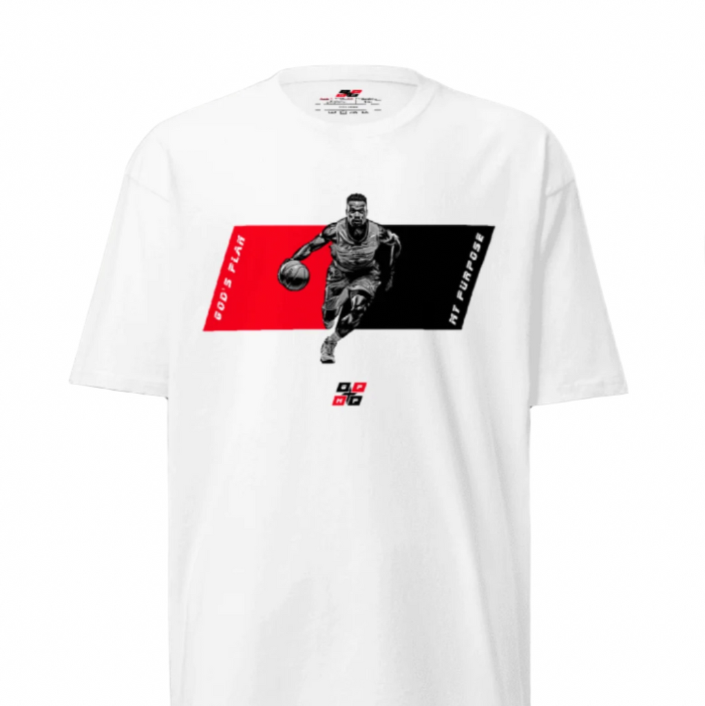 GPMP Basketball Tee with dynamic player graphic, bold logo, and premium cotton construction.