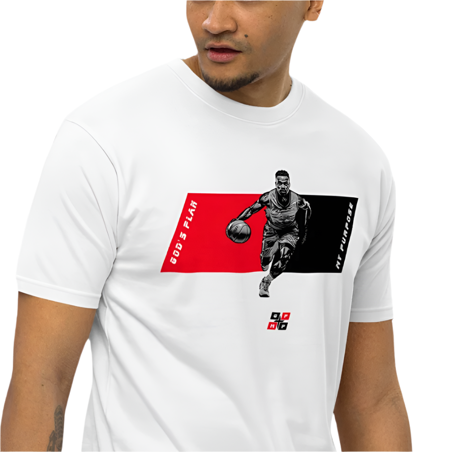 GPMP Basketball Tee with graphic of player and logo, white cotton shirt.