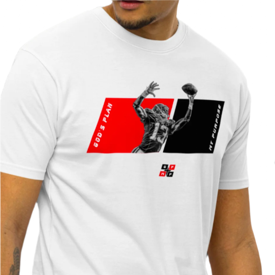 Premium Football Tee with dynamic touchdown design, GP:MP logo, on white cotton fabric.