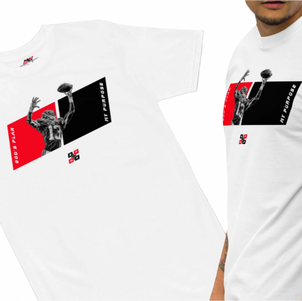GP:MP Football Tee with player leaping for a touchdown, featuring God's Plan My Purpose logo on premium cotton.