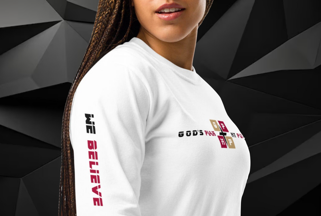 Faith-Filled-Eagle Premium Shirt with "We Believe" text and God's Plan logo on sleeve, worn by a woman.