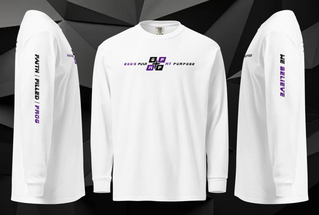 Faith-Filled-Frog Premium Shirt with GP:MP logo, "FAITH-FILLED-FROGS" and "WE BELIEVE" text on sleeves in purple and black on a white background.