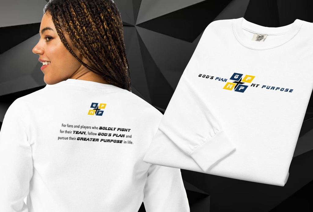 Faith-Filled-Blue Premium Shirt with GP:MP logo and inspirational phrase, showcasing faith and fandom.
