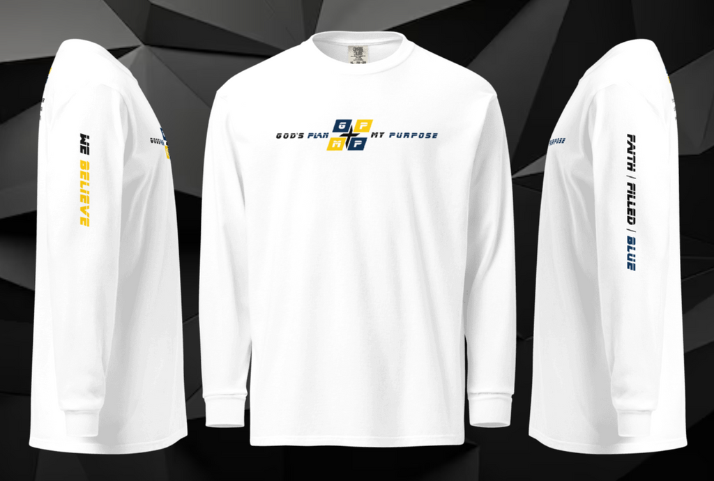 Faith-Filled-Blue Premium Shirt for Michigan Wolverines, We Believe slogan, GP:MP logo, durable cotton, long sleeve.