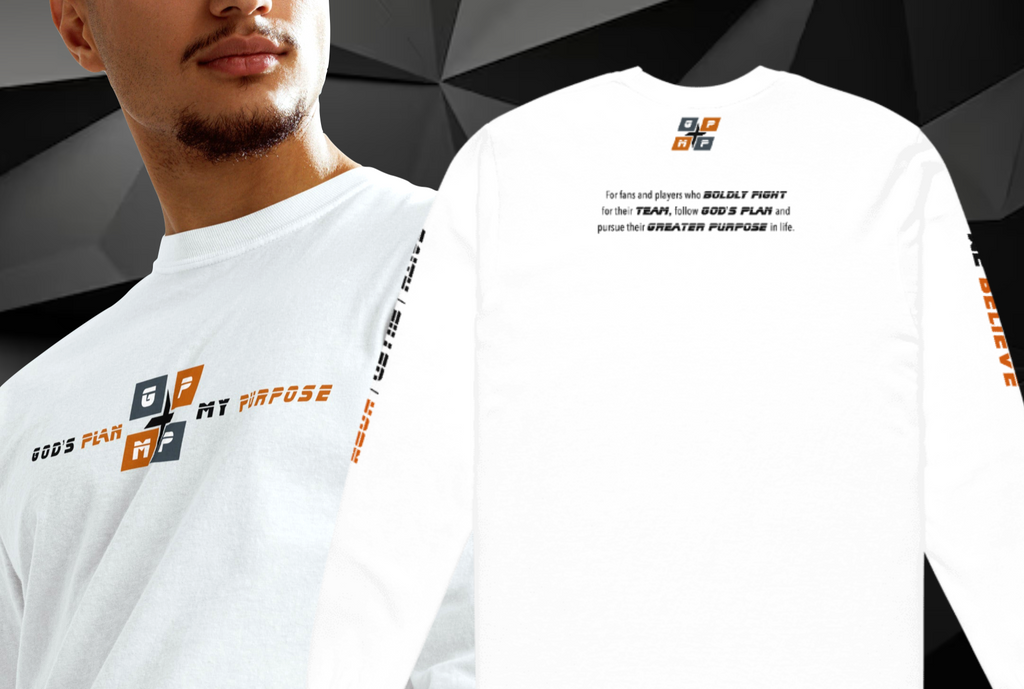 Faith-Filled-Horn Premium Shirt with GP:MP logo and faith-related text on a man, front and back view, white long-sleeve.