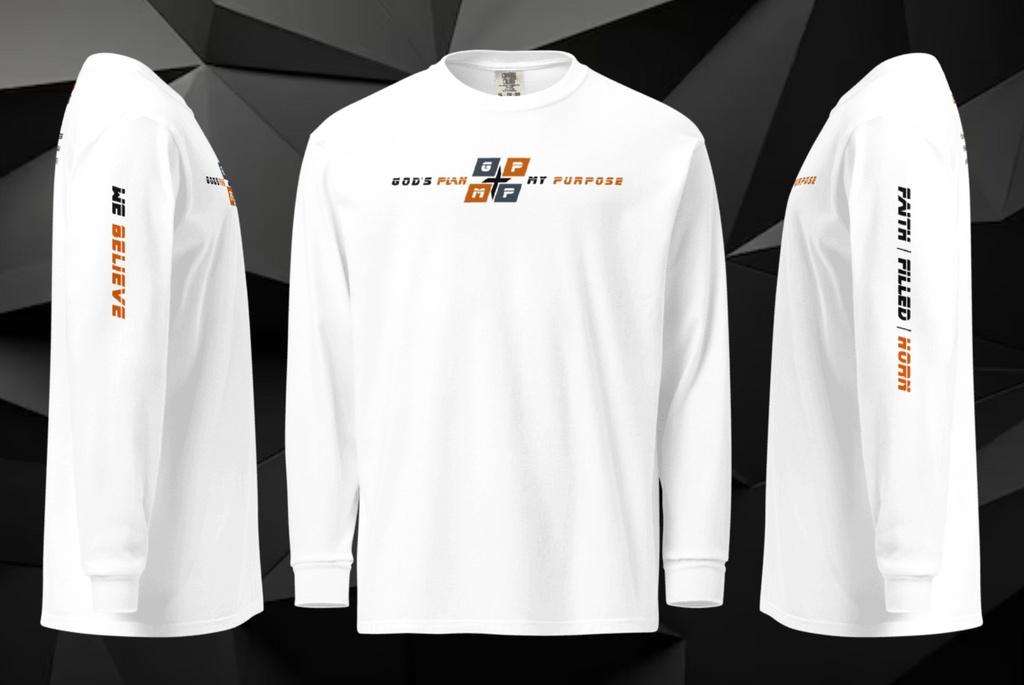 Faith-Filled-Horn Premium Shirt in white with faith and fandom design, long sleeves, and comfortable fit.