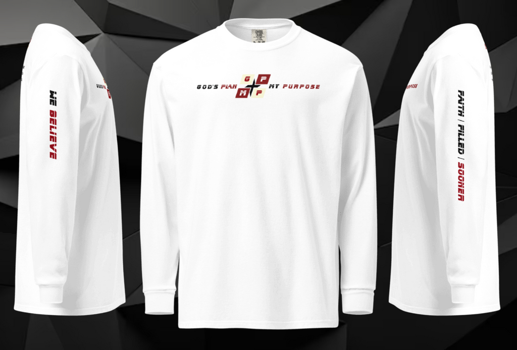 Faith-Filled-Sooner Premium Shirt for Oklahoma fans with GP:MP logo and "WE BELIEVE" text on sleeves, white long-sleeve.