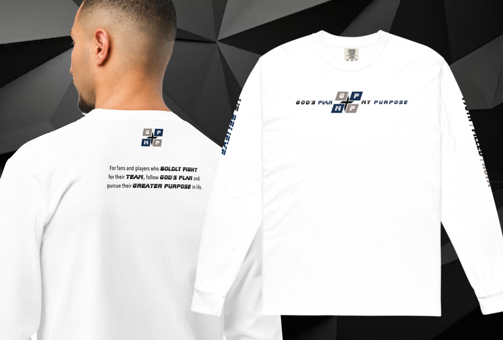 Faith-Filled-Hoya Premium Shirt with God's Plan Purpose design, slogan on back, white long-sleeve, 100% cotton.