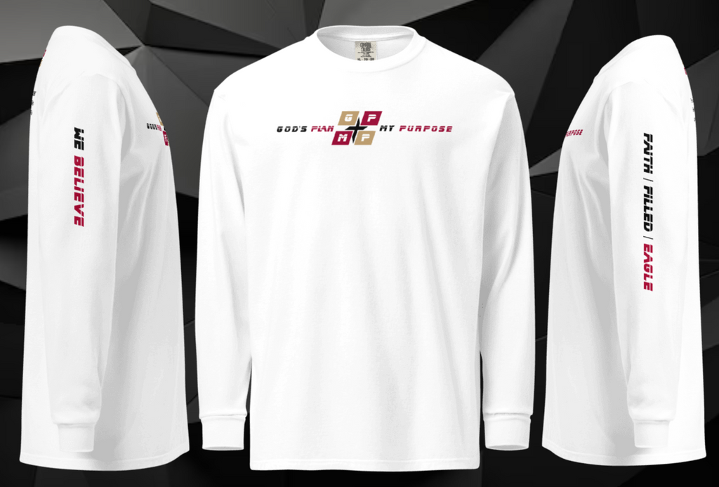 Faith-Filled-Eagle Premium Shirt with GP:MP logo, "FAITH-FILLED-EAGLE," and "WE BELIEVE" text, long-sleeve, white color.