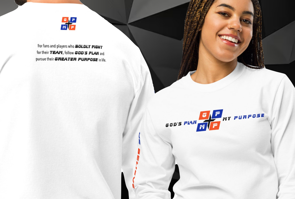 Faith-Filled-Gator Premium Shirt with GP:MP logo, faith message, white color, woman's long-sleeve design.