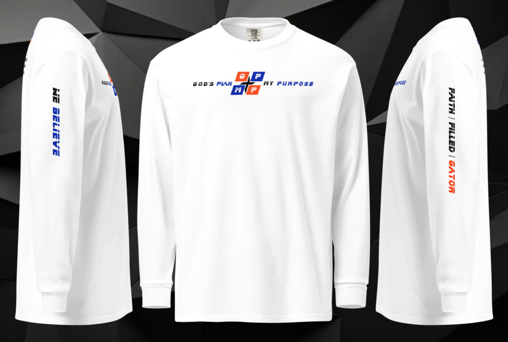 Faith-Filled-Gator Premium Shirt featuring GP:MP logo and "WE BELIEVE" text on sleeves, white.