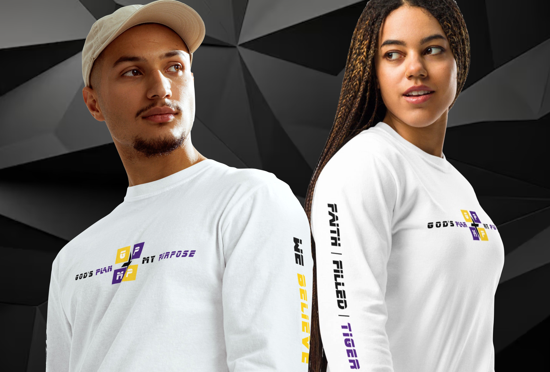 Faith-Filled-Tiger Premium Shirt featuring "We Believe" and "God's Plan My Purpose" logos.