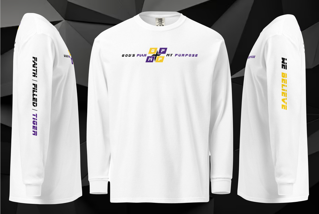 Faith-Filled-Cyclone Premium Shirt with GP:MP logo, faith and fandom slogans, long-sleeve, white.