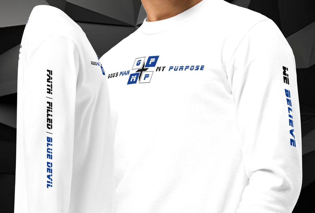 Faith-Filled-Blue Devil Premium Shirt with GP:MP logo and text on sleeve.