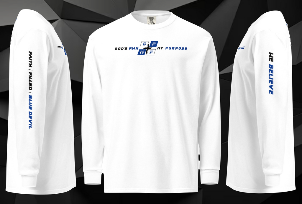 Faith-Filled-Blue Devil Premium Shirt with GP:MP logo, slogans on sleeves, long-sleeve, white color.