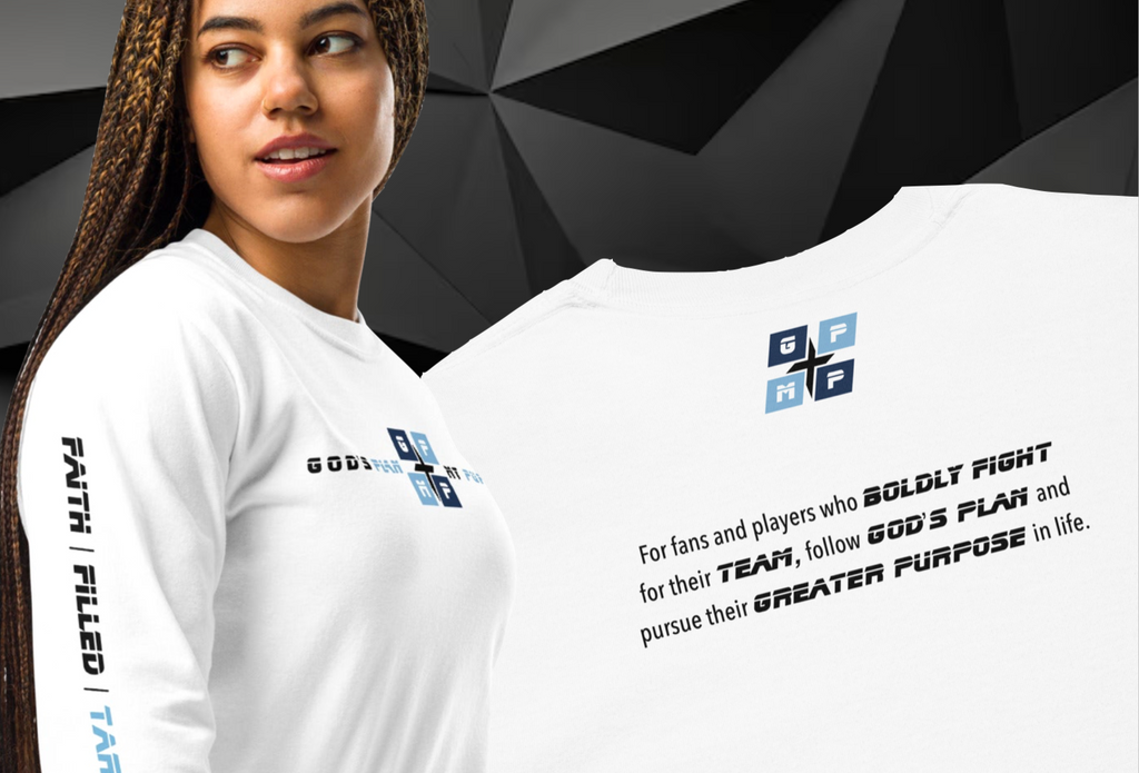 Faith-Filled-Tar Heel Premium Shirt with GP:MP logo and faith message, featuring long sleeves and a relaxed fit.
