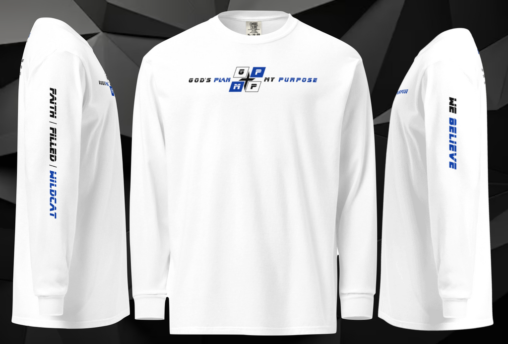 Faith-Filled-Wildcat Premium Shirt with GP:MP logo, long sleeves, and faith-themed text.