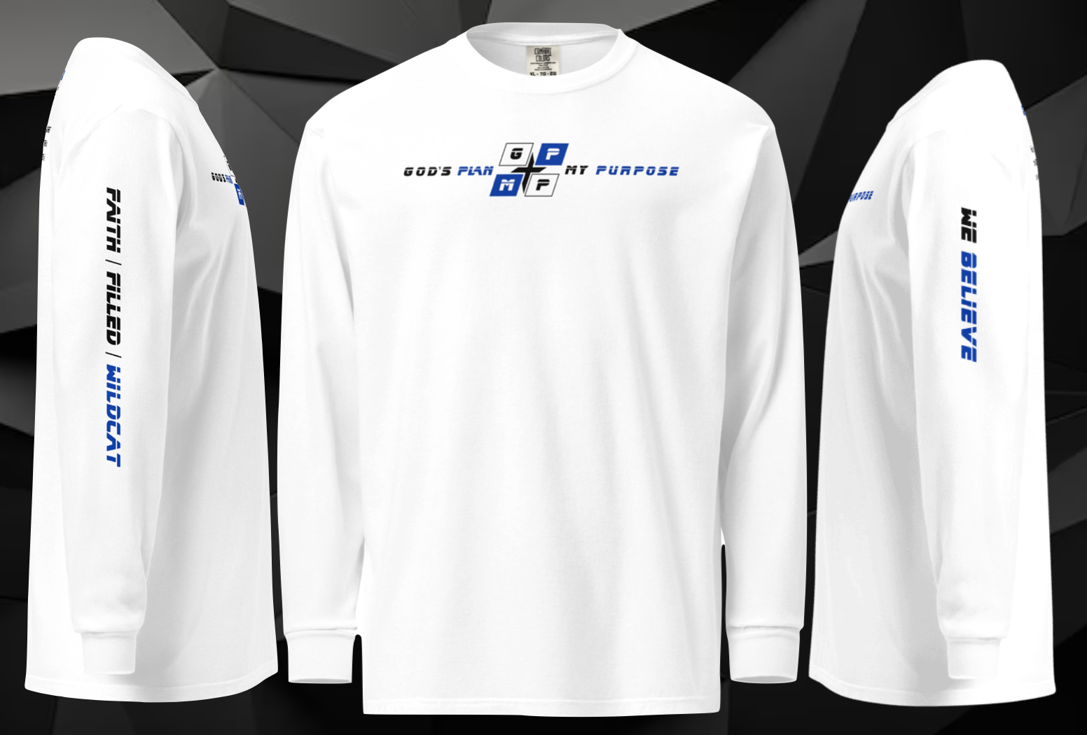Faith-Filled-Wildcat Premium Shirt with GP:MP logo, long sleeves, and faith-themed text.