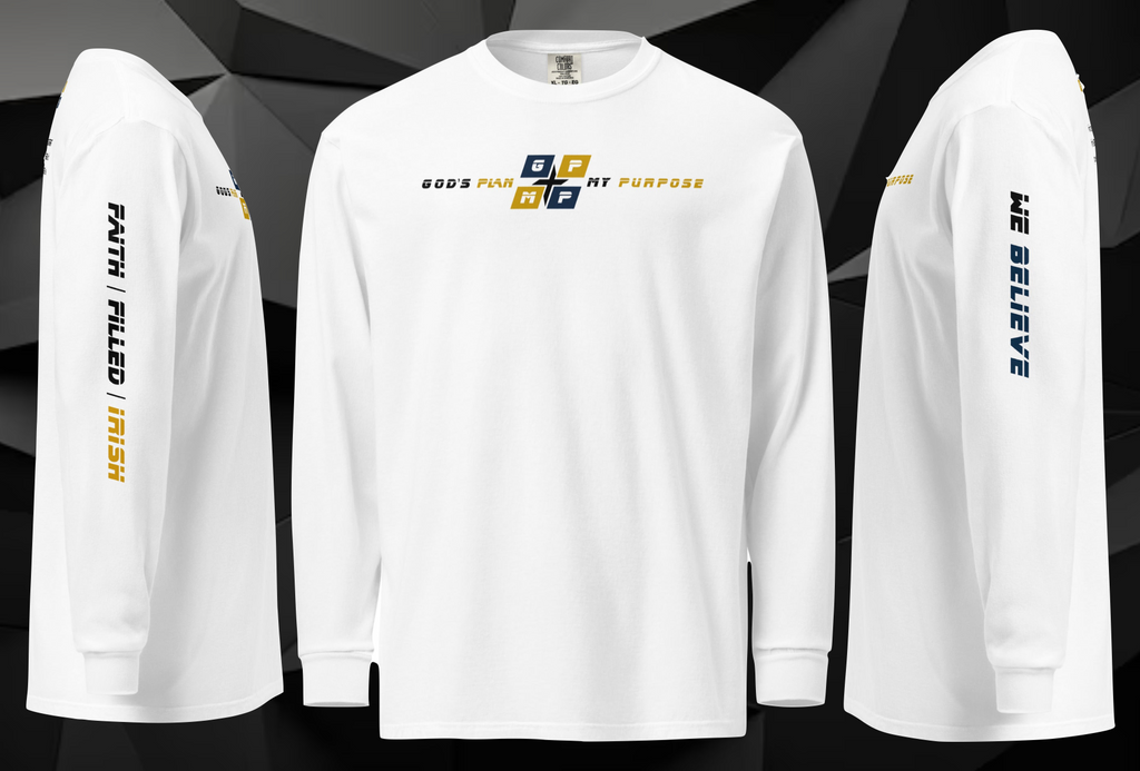Faith-Filled-Irish Premium Shirt with GP:MP logo, "FAITH-FILLED-IRISH," and "WE BELIEVE" on sleeves.