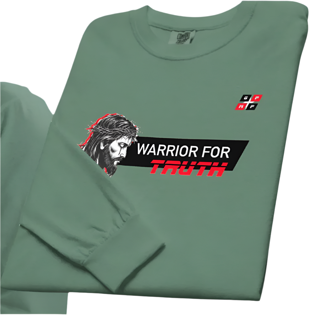 Warrior for Truth Premium Long Sleeve Shirt in vintage green, with bold graphic design displaying commitment to honesty and integrity.