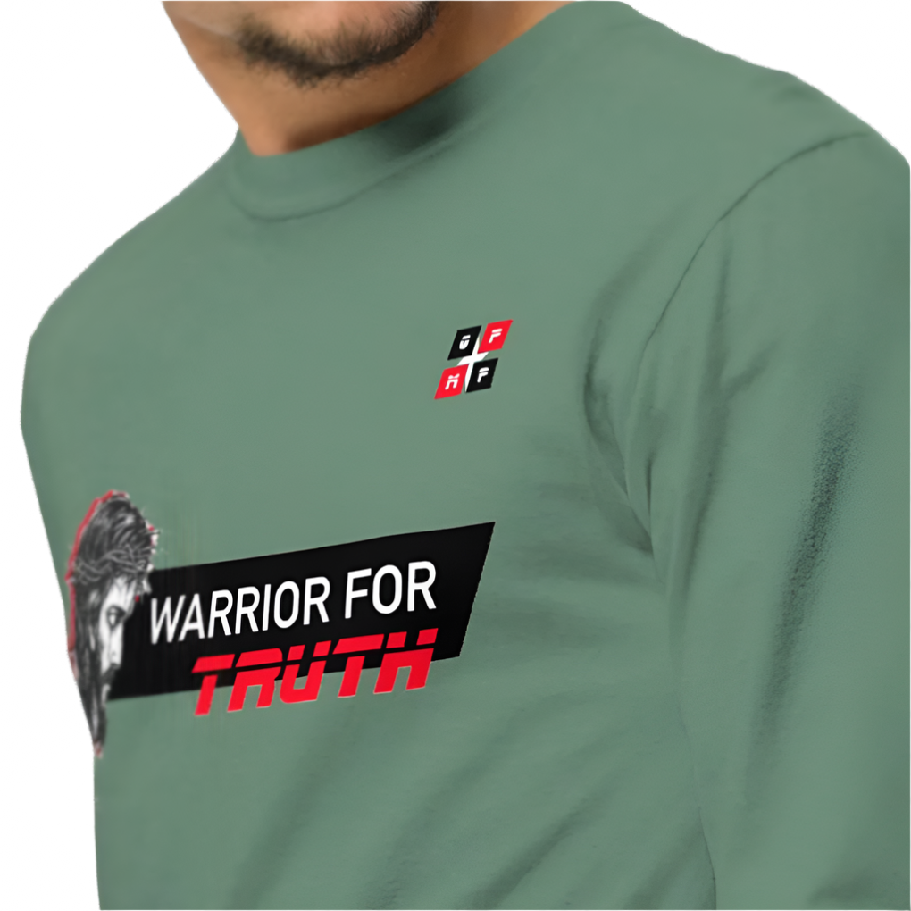 Warrior for Truth Premium Long Sleeve Shirt in green with graphic print, relaxed fit, 100% cotton, garment-dyed.
