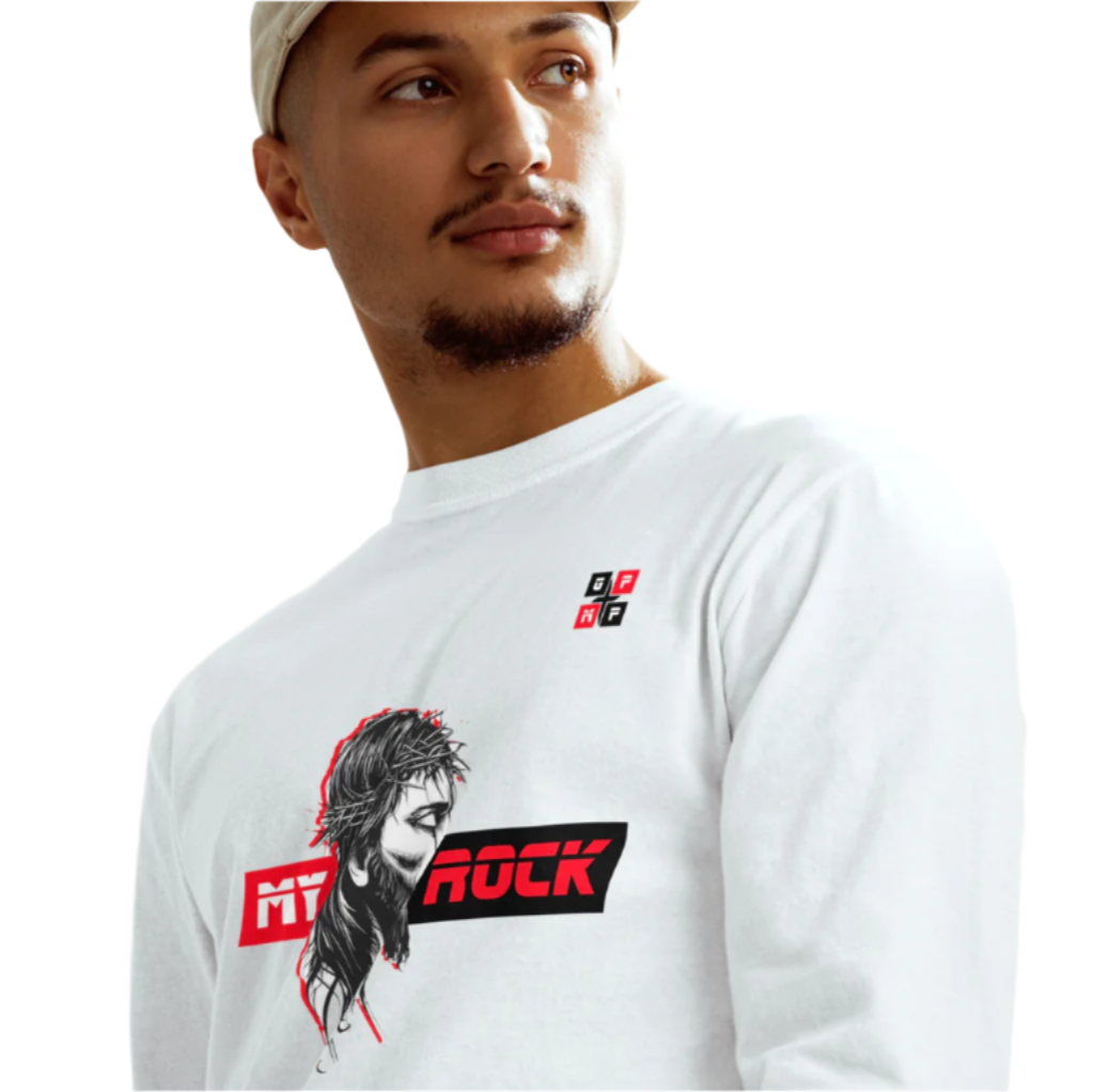 My Rock Premium Long Sleeve Shirt with Jesus image, 100% ring-spun cotton, garment-dyed for comfort and durability.