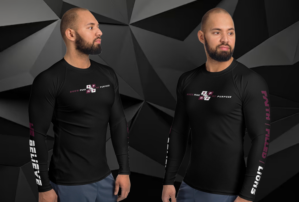 Faith-Filled-Lions Premium Athletic Shirt with GP:MP logo and "We Believe" slogan, black design showcasing long sleeves and comfort fit.