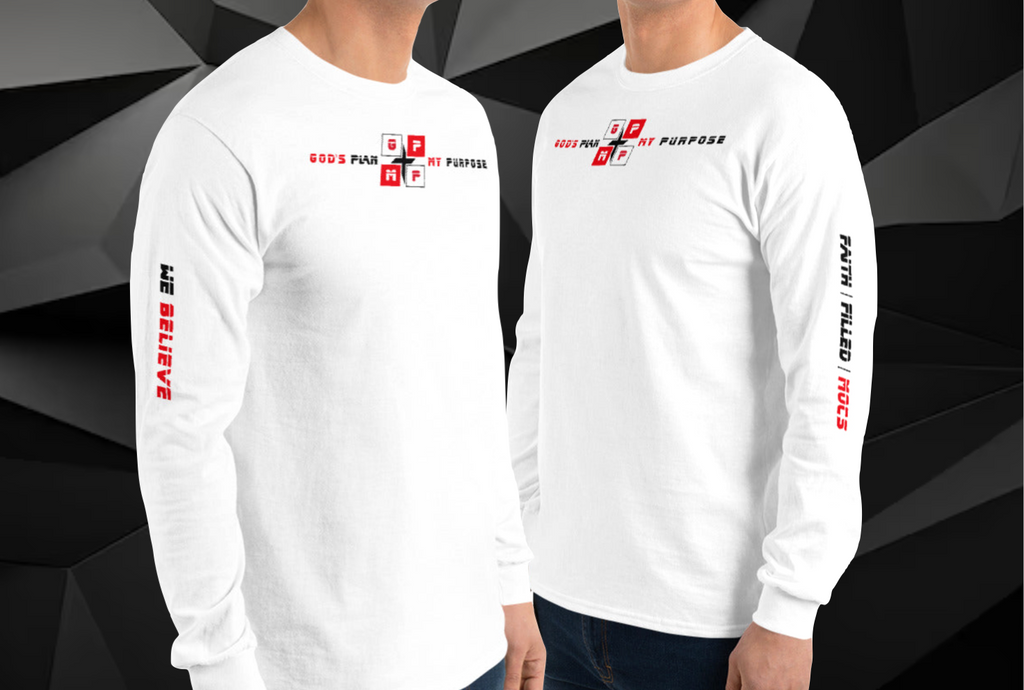 Faith-Filled-Mocs Premium Long Sleeve Shirt in white with faith-inspired design, 100% cotton, classic fit, rib cuffs.
