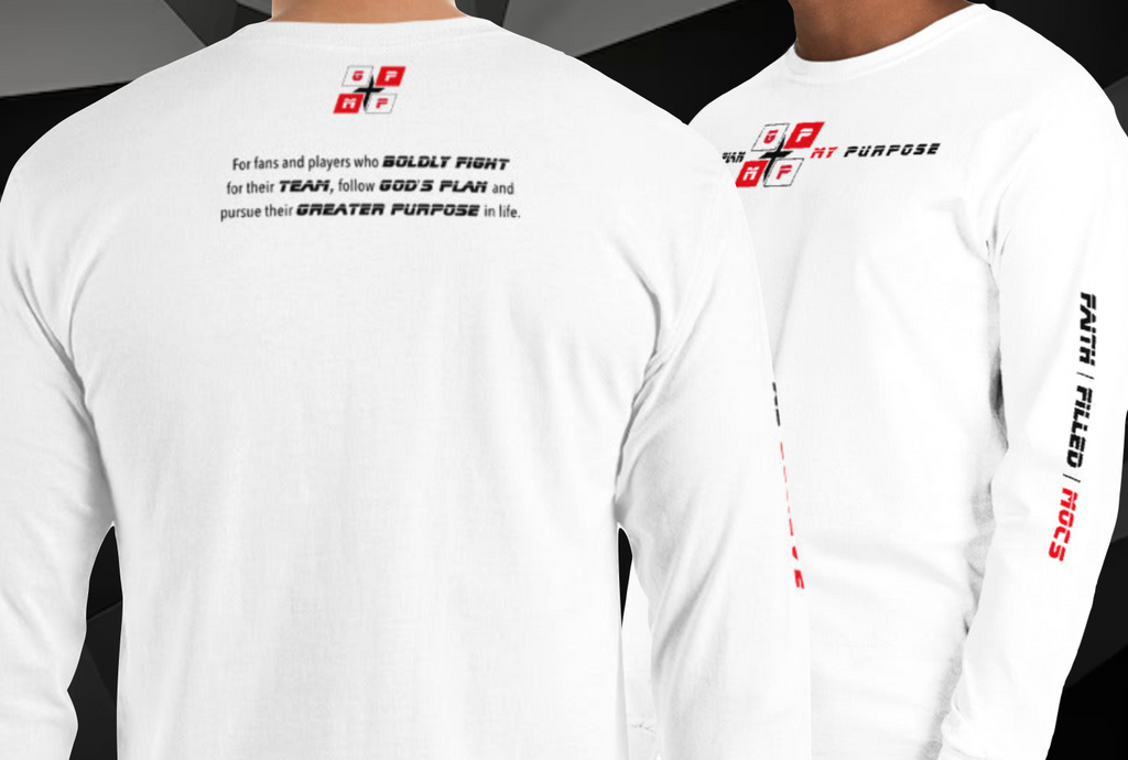 Faith-Filled-Mocs long sleeve shirt with GP:MP logo and motivational text in white.