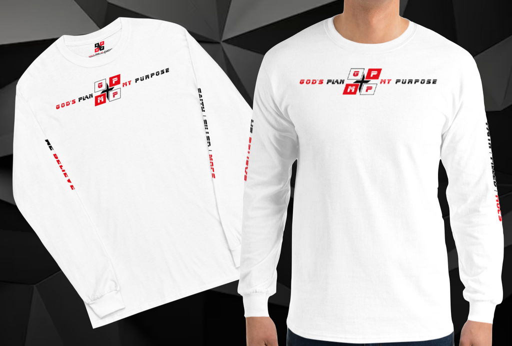 Faith-Filled-Mocs Premium Long Sleeve Shirt with GP:MP logo on white fabric, showcasing faith and fandom.