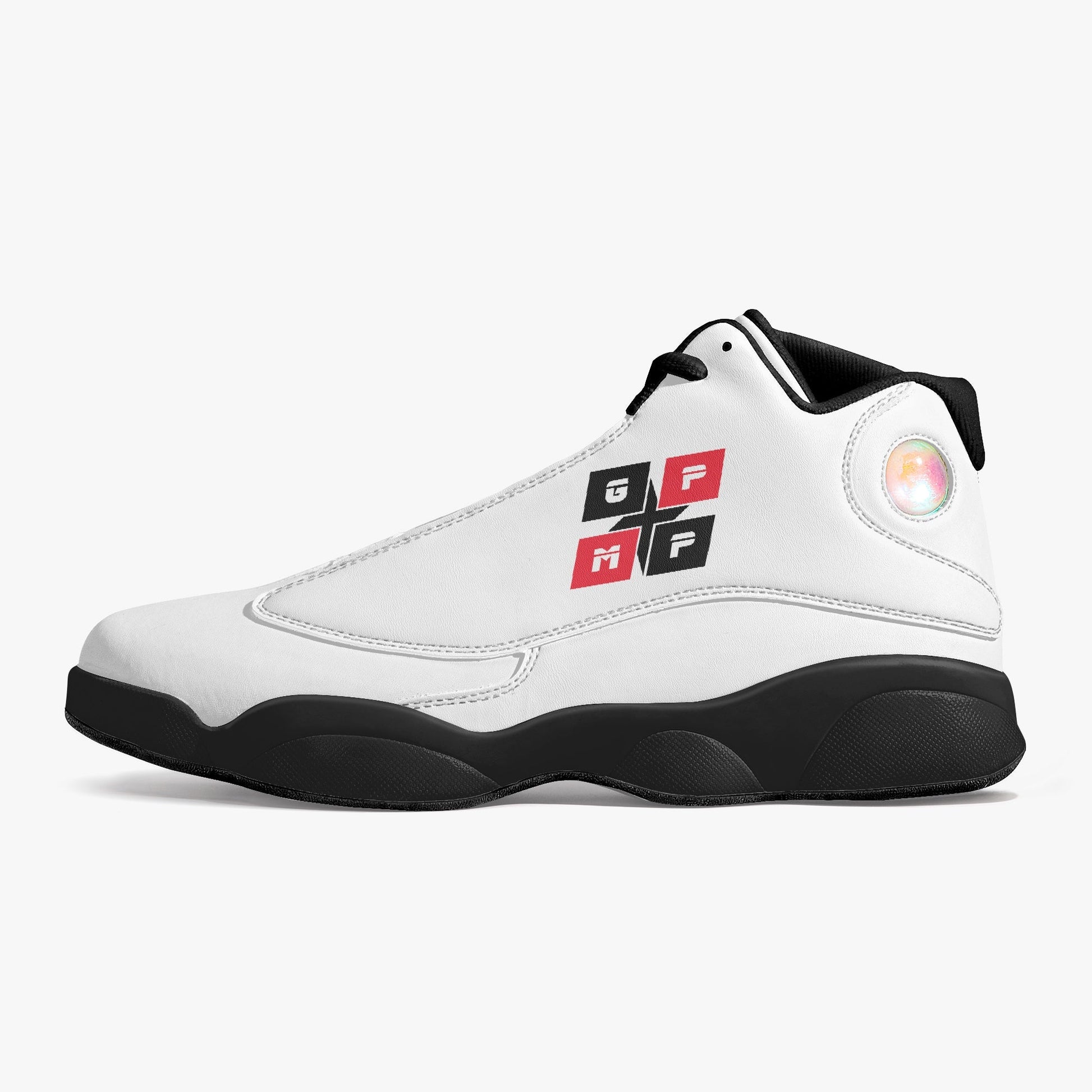 White high-top leather basketball sneakers with EVA padded insoles and durable outsole.