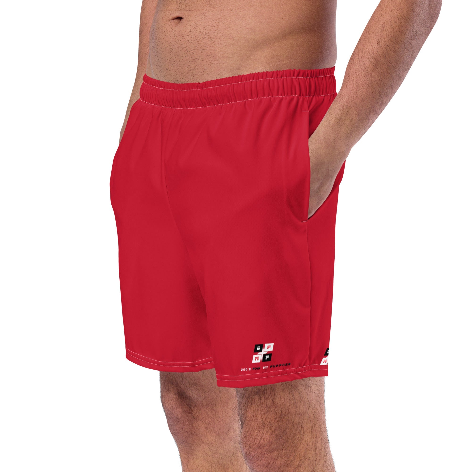 Red GPMP Microfiber Swim Trunks with elastic waistband and pockets