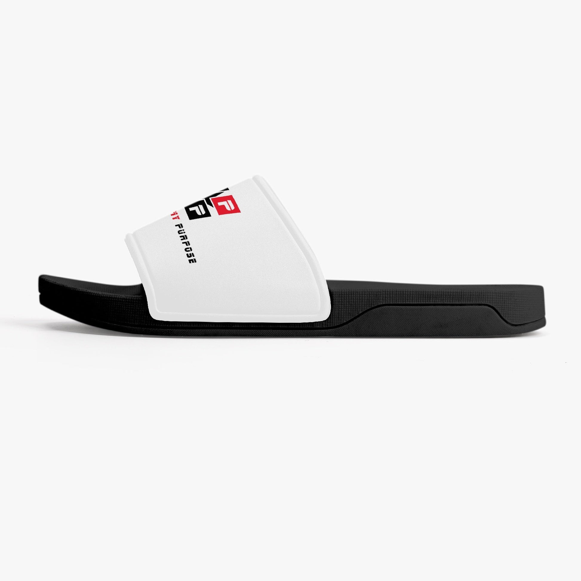 Unisex GPMP White & Black Slides with anti-slip rubber sole.