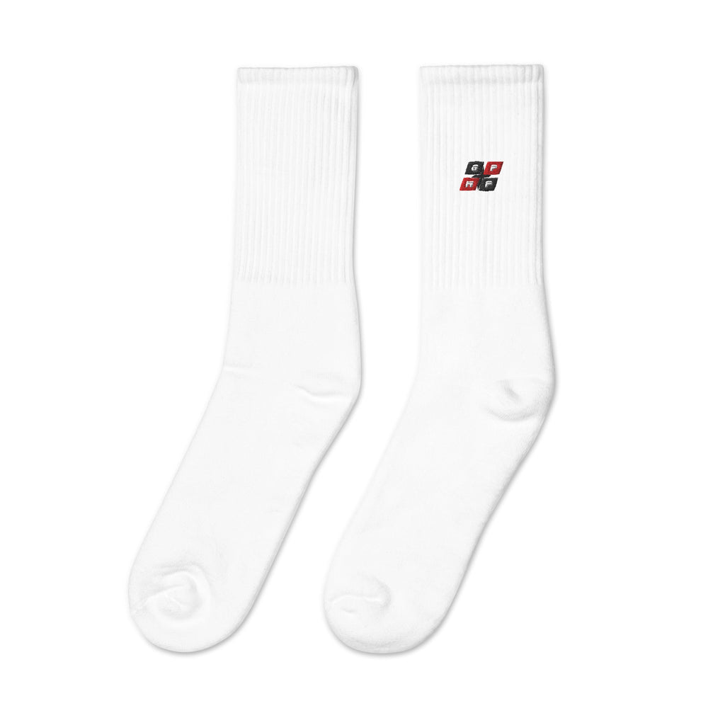 GPMP Embroidered Crew Socks, white with logo, premium cotton blend, cushioned sole, US-made.