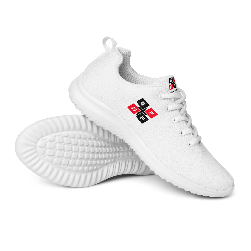 White FlyKnit athletic shoes with padded interior and rubber outsole, featuring breathable lining and lace-up design.