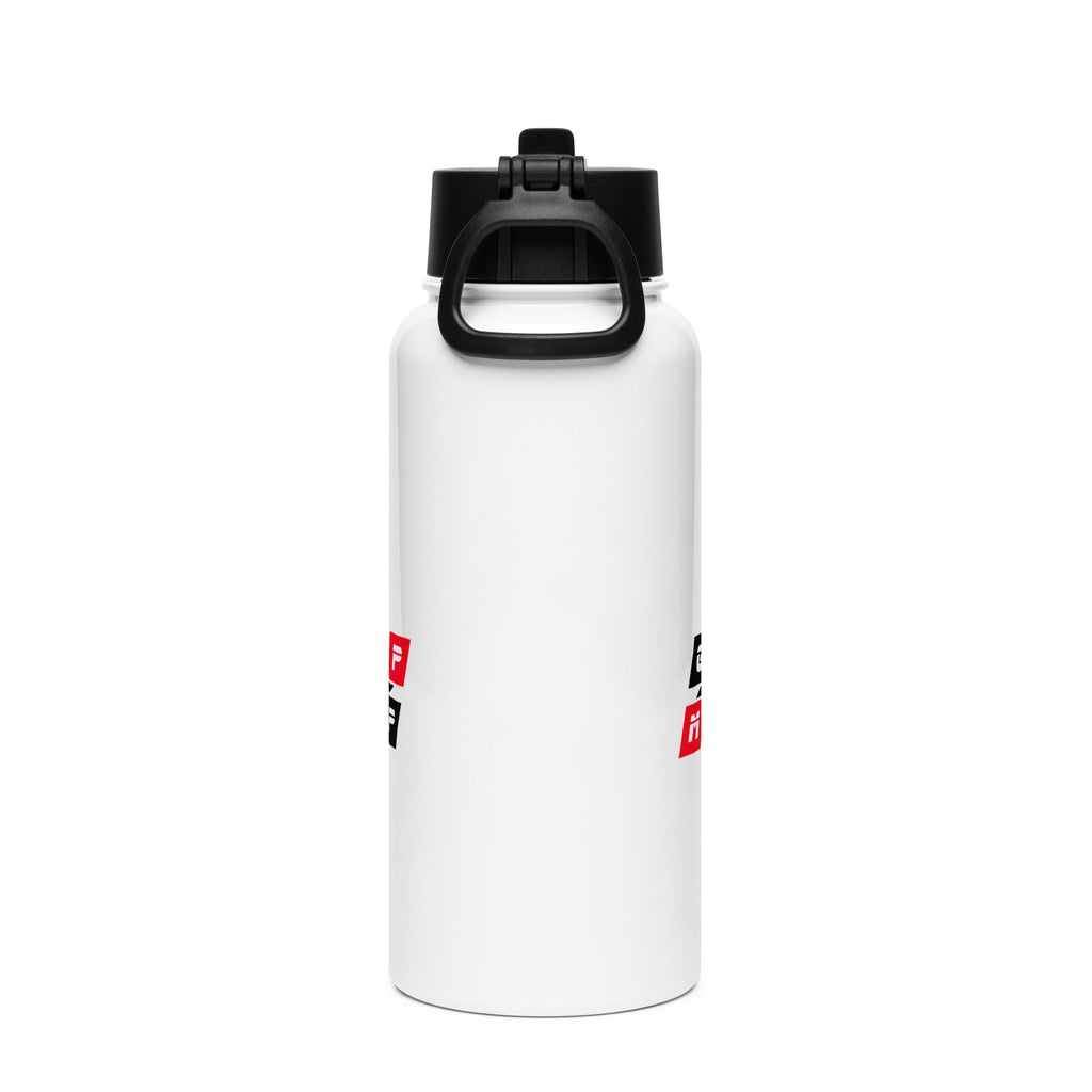 GPMP 32 Oz. stainless steel water bottle with straw lid, glossy finish, and rotating handle.