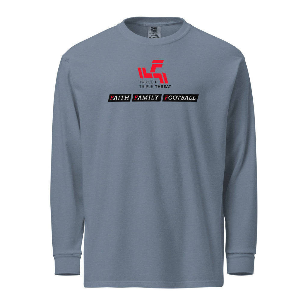 Steel blue heavyweight long-sleeve shirt with Triple F. Triple Threat logo and Faith Family Football slogan