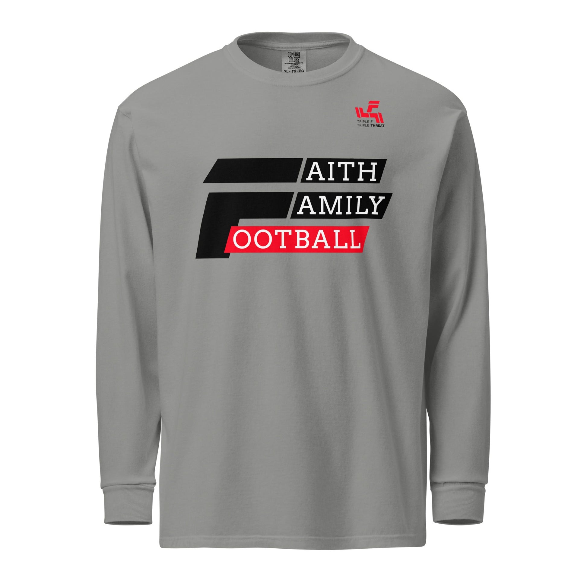 Grey long-sleeve shirt with "Faith Family Football" graphic for Triple F. The Foundation