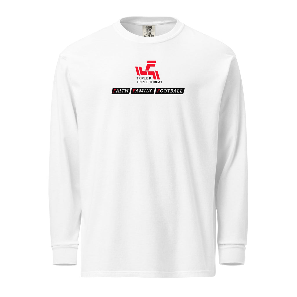 White heavyweight long-sleeve shirt with Triple F. Triple Threat logo and Faith Family Football slogan