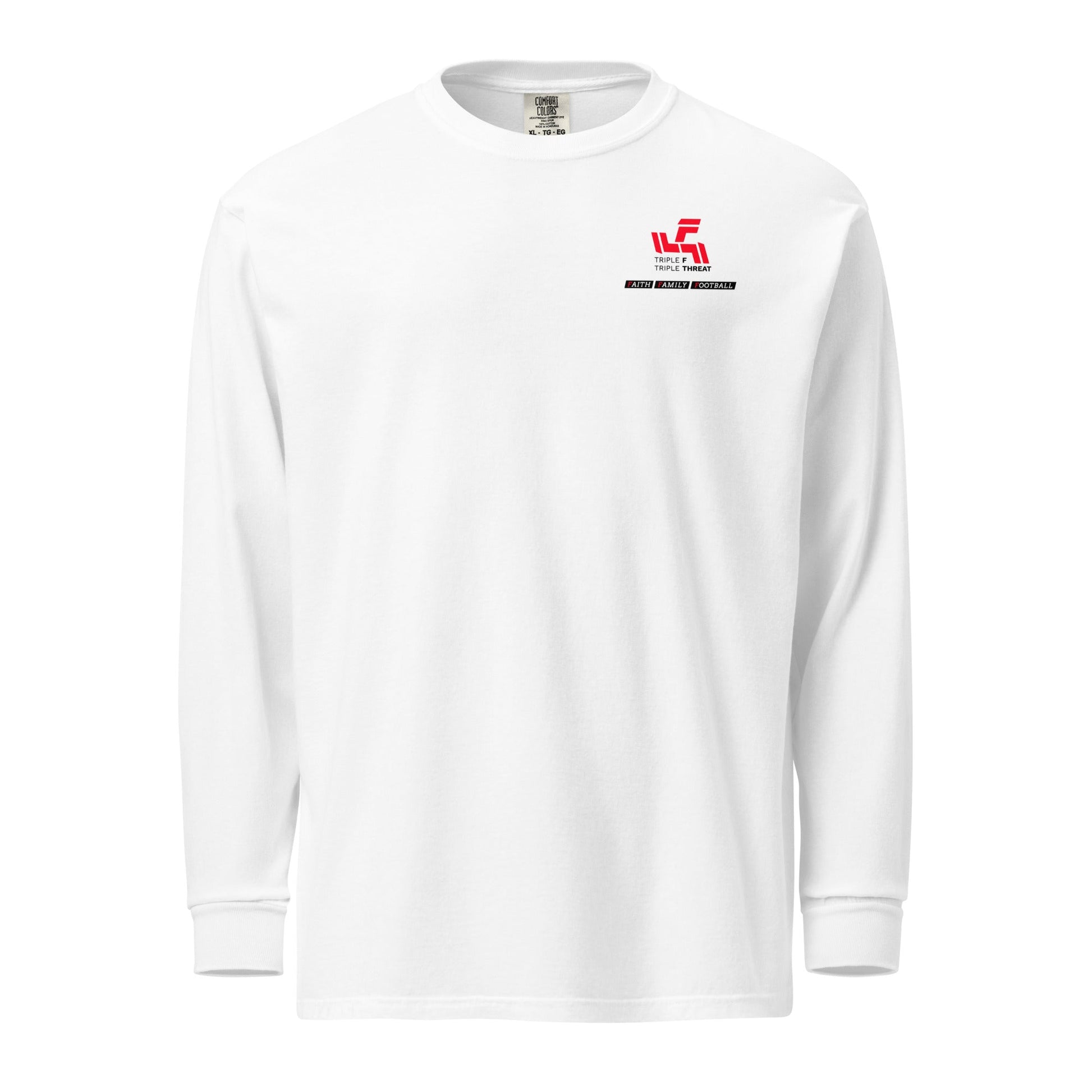 White Triple F long-sleeve heavyweight shirt with small red logo on chest, made of soft ring-spun cotton
